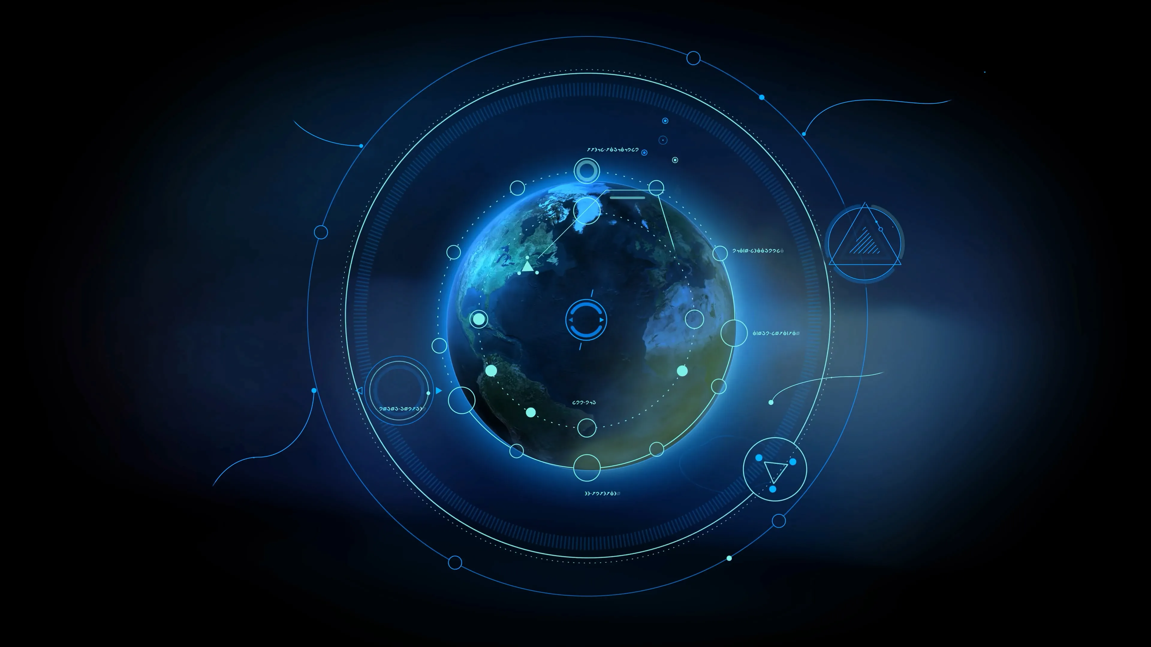A globe wrapped in network rings and data readouts