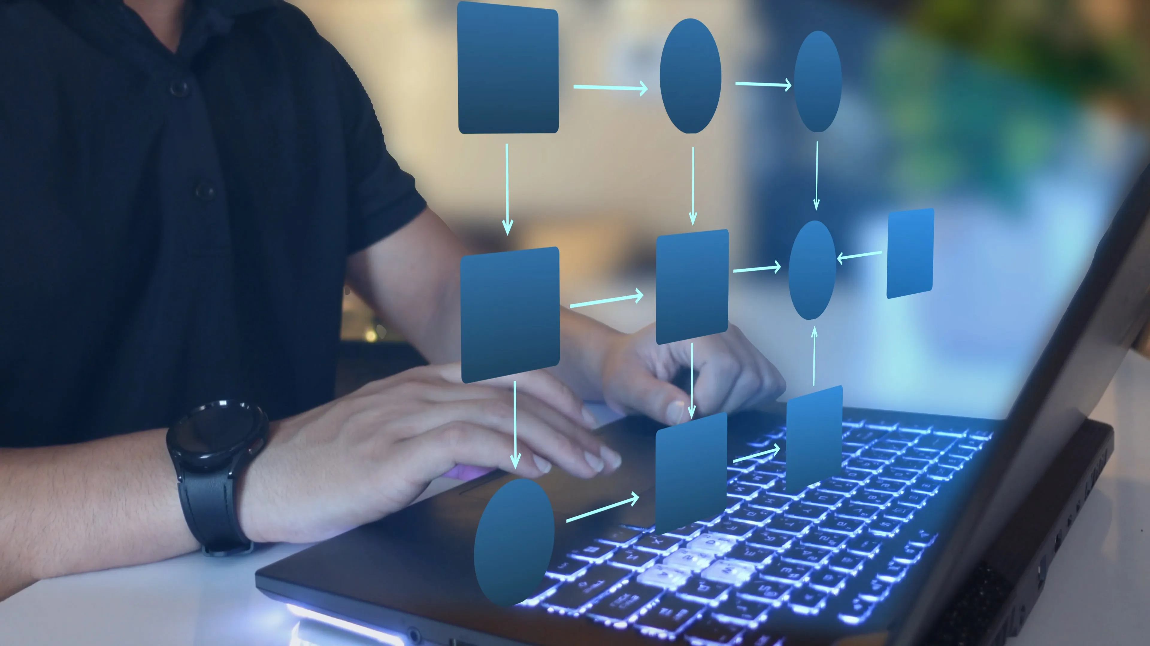 Hands on a laptop with a workflow diagram overlaid